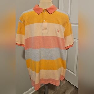 U.S. Polo Assn. Men's Polo  Short SleevShirt, Orange, Yellow, Gray Stripes Sz L